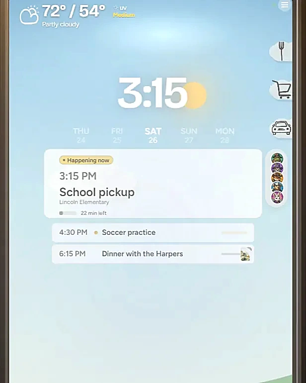 Inochi’s calendar with school pickup at 3:15, soccer practice at 4:30 and dinner at 6:15.