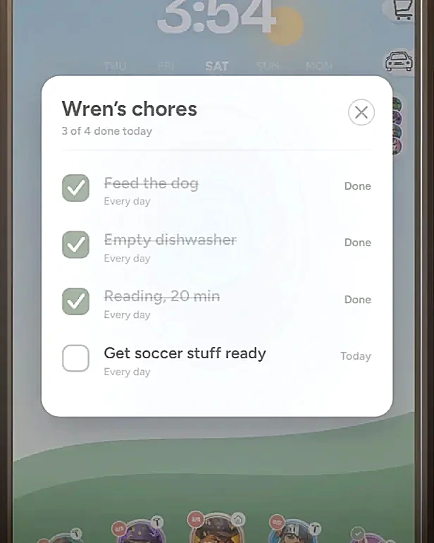 Wren’s personal chore list on Inochi, with three of four chores completed.