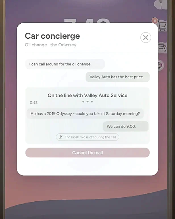 The Inochi car concierge on a call with Valley Auto Service, with the conversation shown on screen and the microphone off.